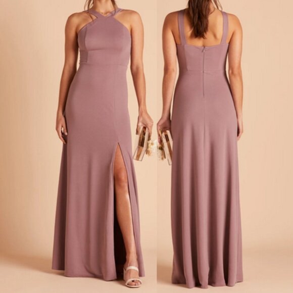 Birdy Grey Gene Dress Dark Mauve Halter Maxi Floor Length Slit Lined Medium - Picture 2 of 12